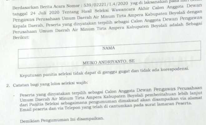 HASIL SELEKSI WAWANCARA AKHIR CALON ANGGOTA DEWAN PENGAWAS PERUSAHAAN UMUM DAERAH AIR MUNIM TIRTA AMPERA KABUPATEN BOYOLALI